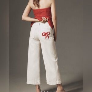 Anthropologie Maeve Colette White Crop wide Leg Corduroy Pants with bow SIZE 28